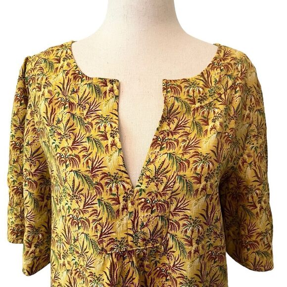 Ann Taylor MT Boho Print Half sleeve Tunic Top Mustard Yellow Green Burgundy - Picture 1 of 7